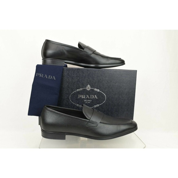 PRADA 2DC127 BLACK SAFFIANO LEATHER LETTERING LOGO PENNY LOAFERS 12 US 13 - Picture 3 of 12